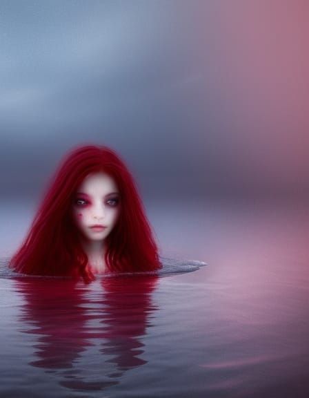 Eerie Girl Looks at Reflection in Crimson Water