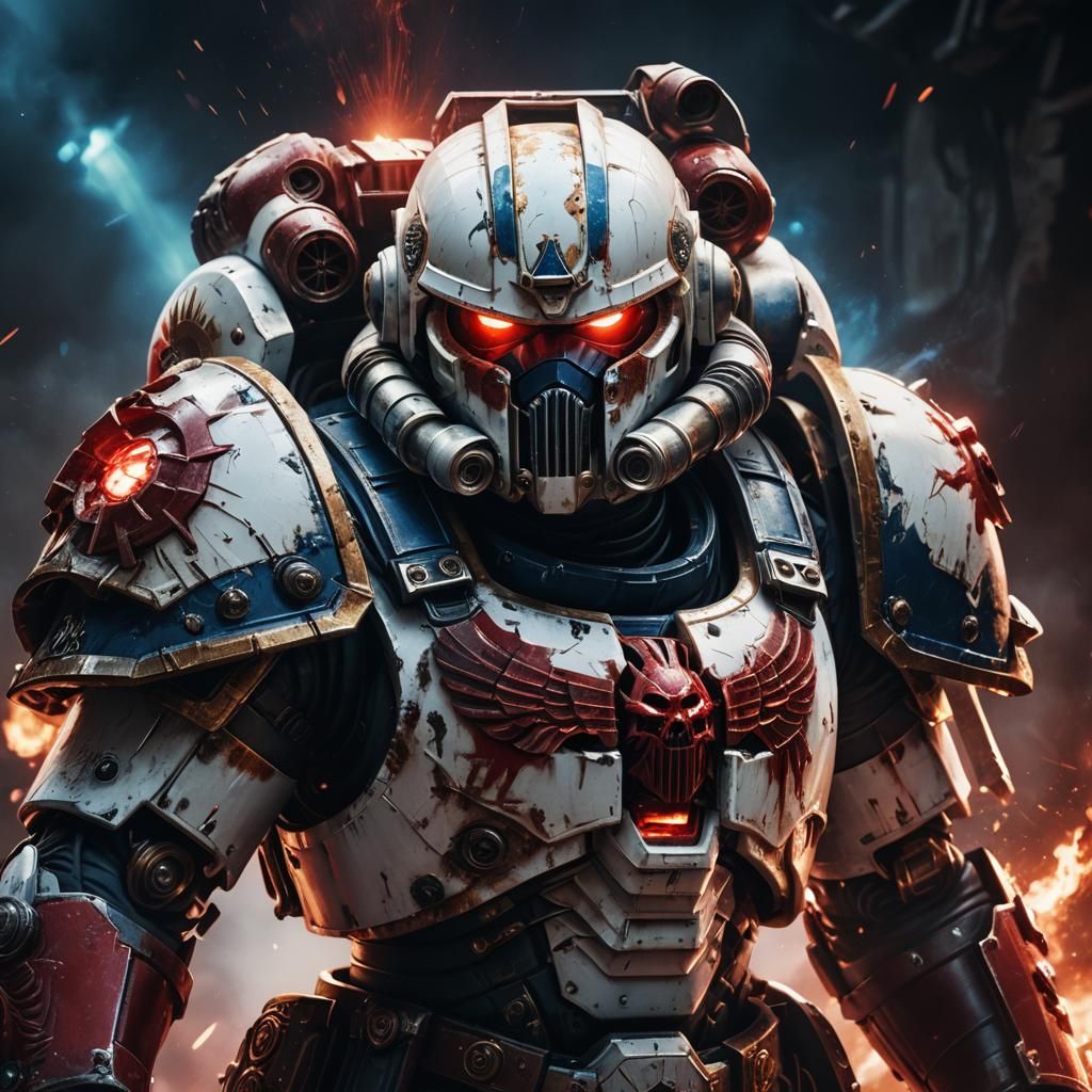 Glowing Space Marine in Dark Cinematic Scene