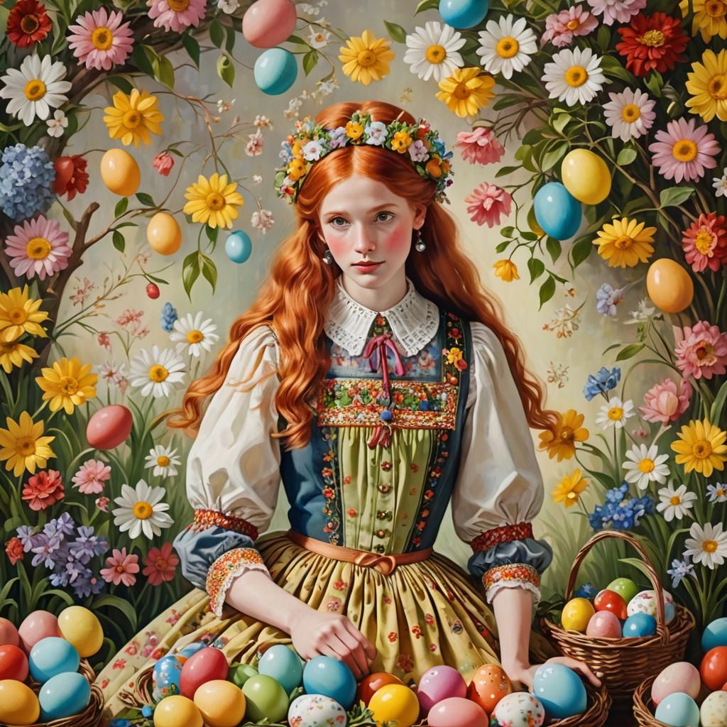 Redhead Girl in Bavarian Easter Dress, Folk Art