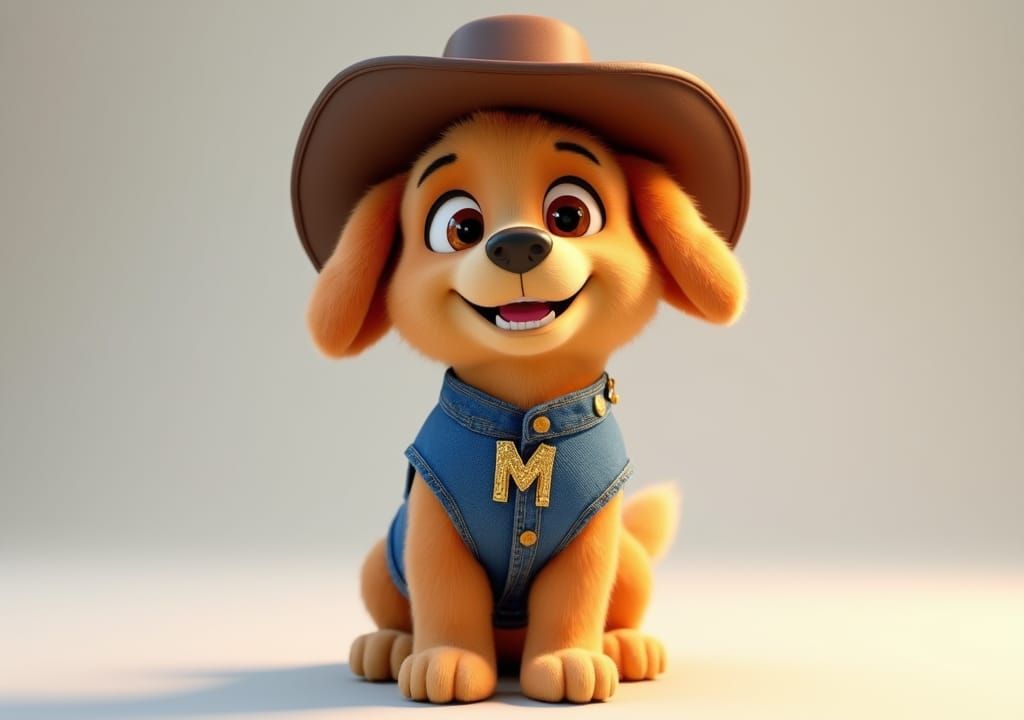 Golden Retriever Pup in Cowboy Hat, 3D Cartoon