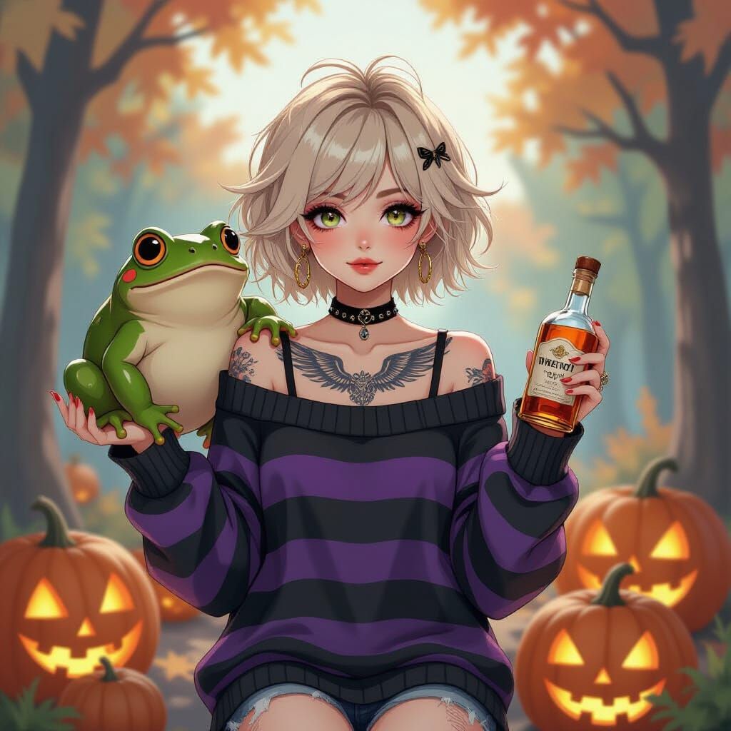 Emo Woman Held by Giant Frog Amidst Halloween Pumpkins