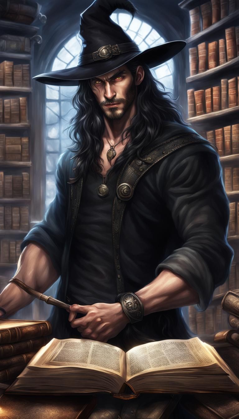 Handsome Male Witch in Magical Library
