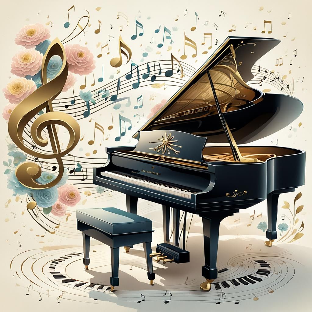 Grand Piano Logo with Floating Musical Notes