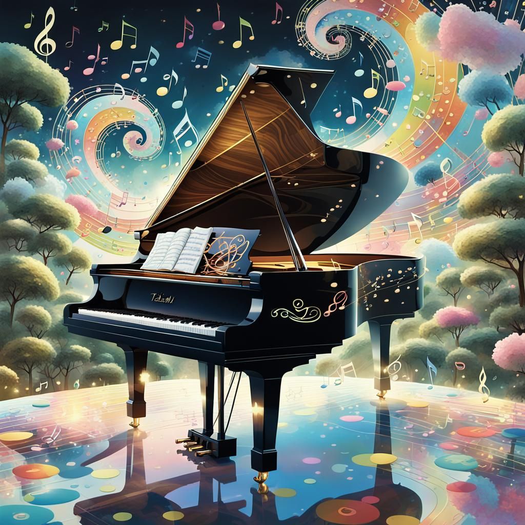 Grand Piano in Nature with Musical Notes, Digital Art