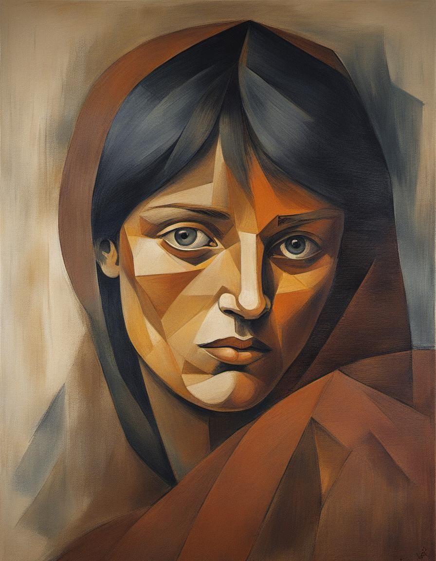 Melancholic Female Portrait in Cubist Style