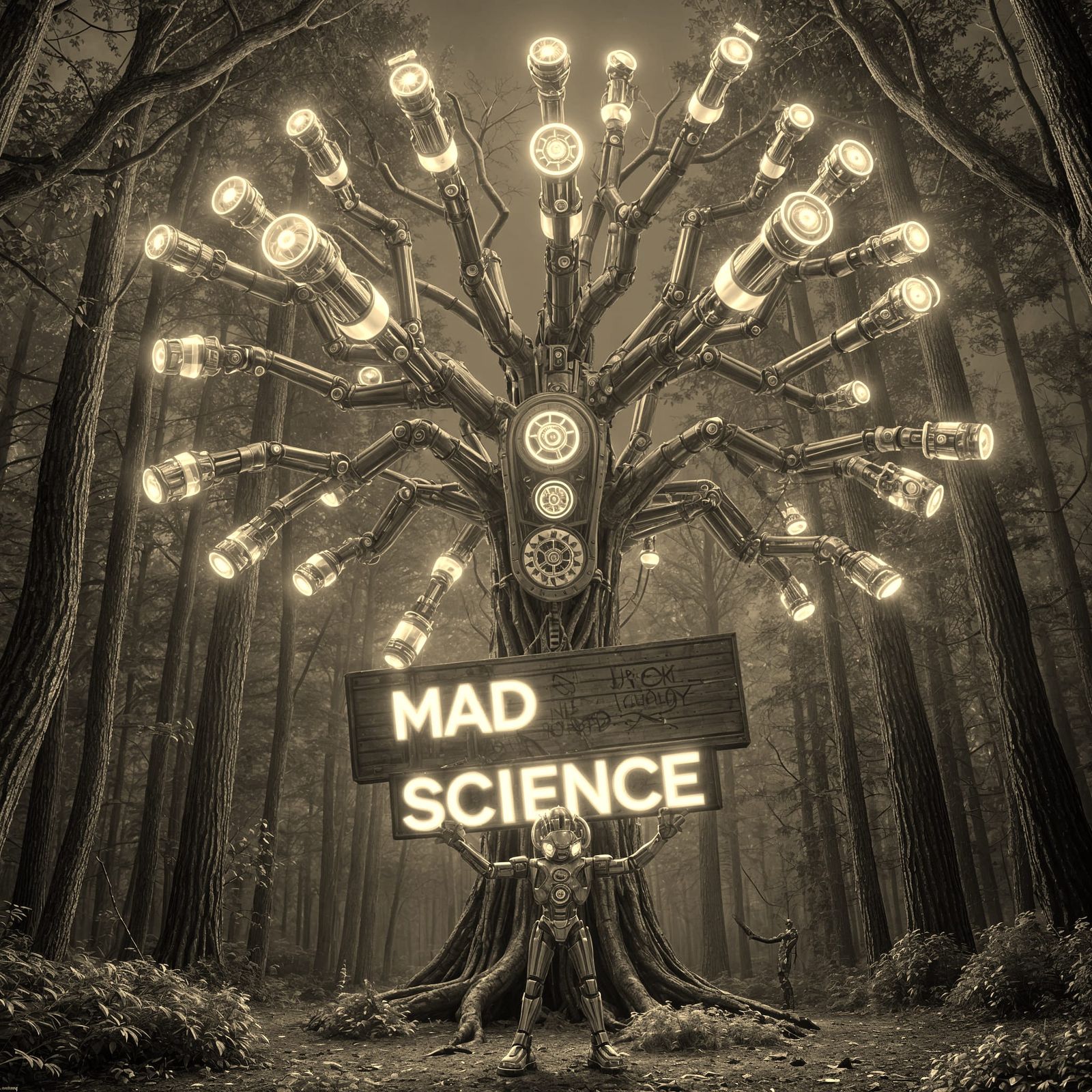 Cyberpunk Robotic Tree in a Gritty Neon Forest