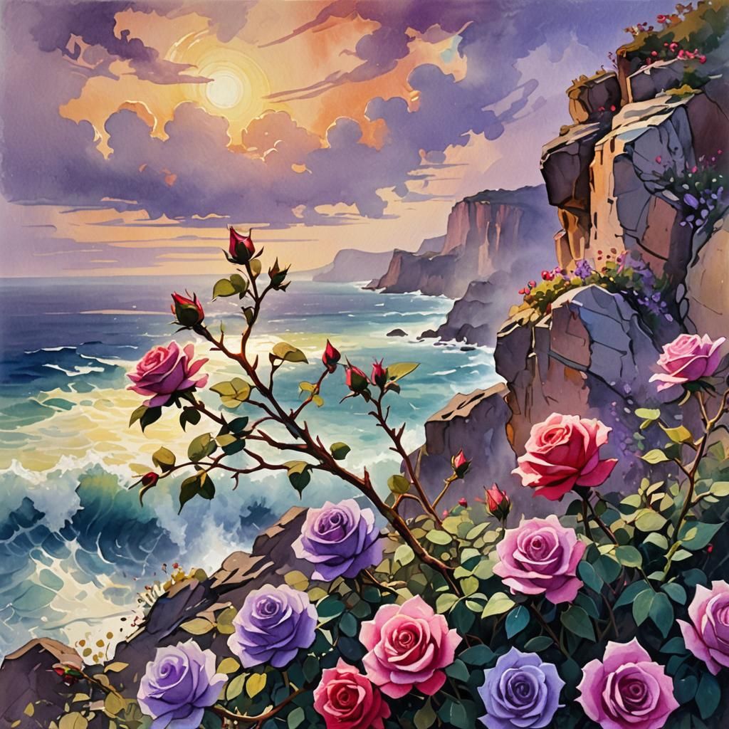 Rose Climbing a Rocky Height as Impasto Painting