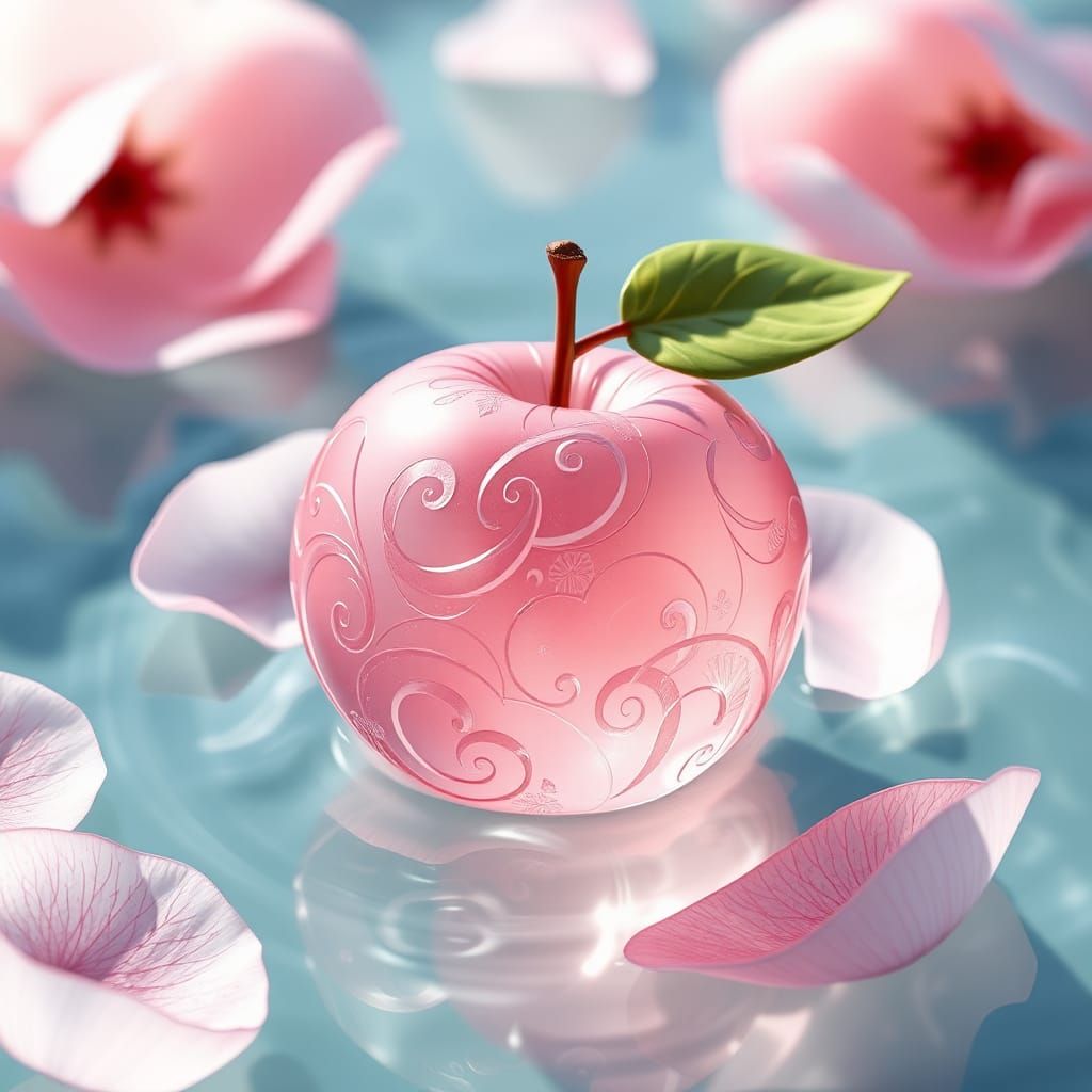 Crystal Apple Floating in Water: 3D Anime Art