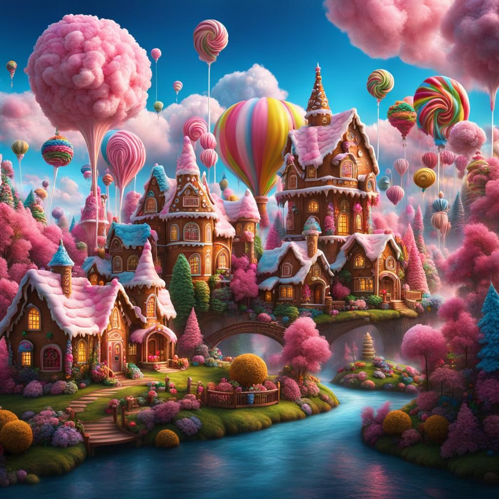 Candyland with gingerbread houses lollipop trees syrup rivers and cotton candy clouds