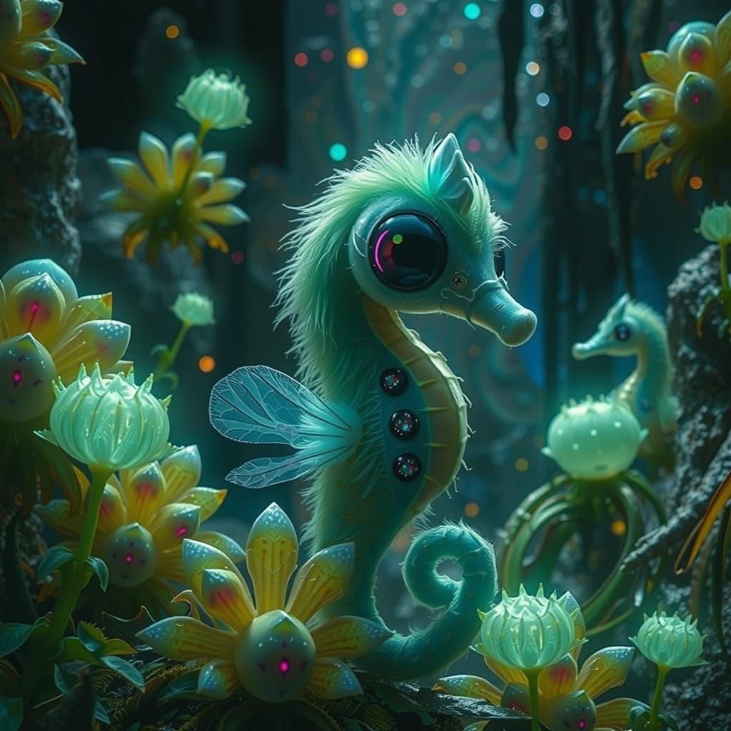 Rainbow Seahorse with Wings in Crystal Cave