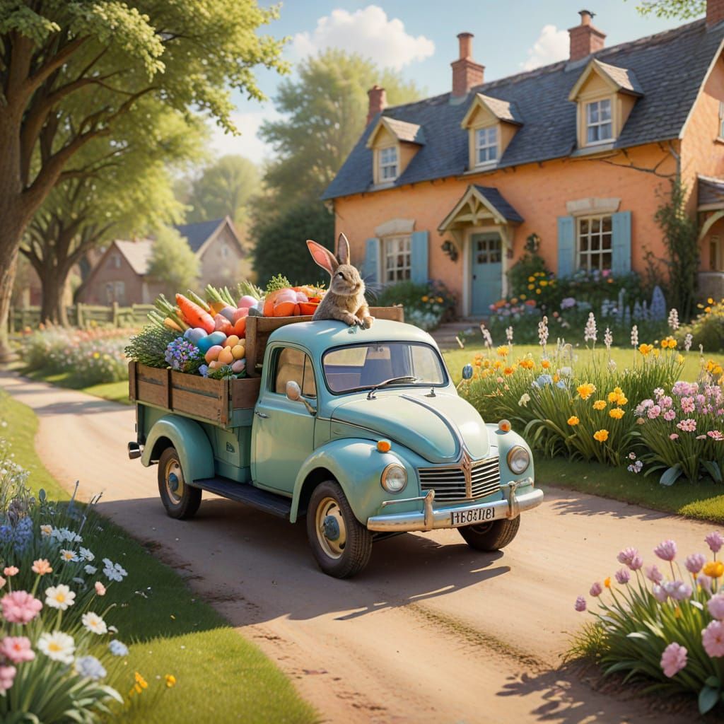 Whimsical Rabbit Drives Easter-Themed Pickup Truck in Vintag...