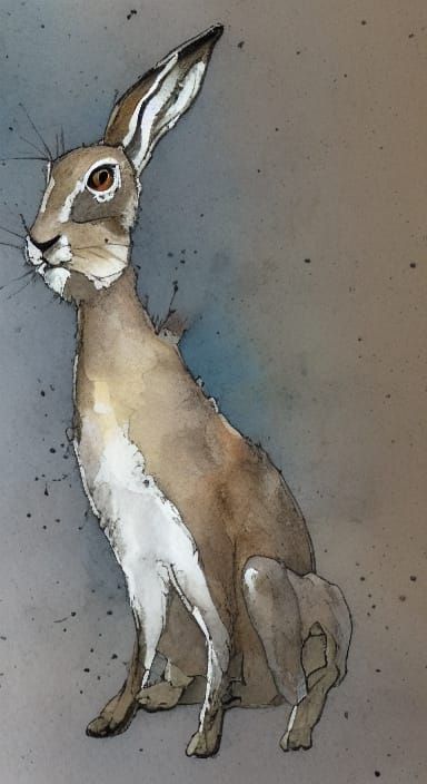 Melancholic Hare in Ink and Watercolor Sketch Style