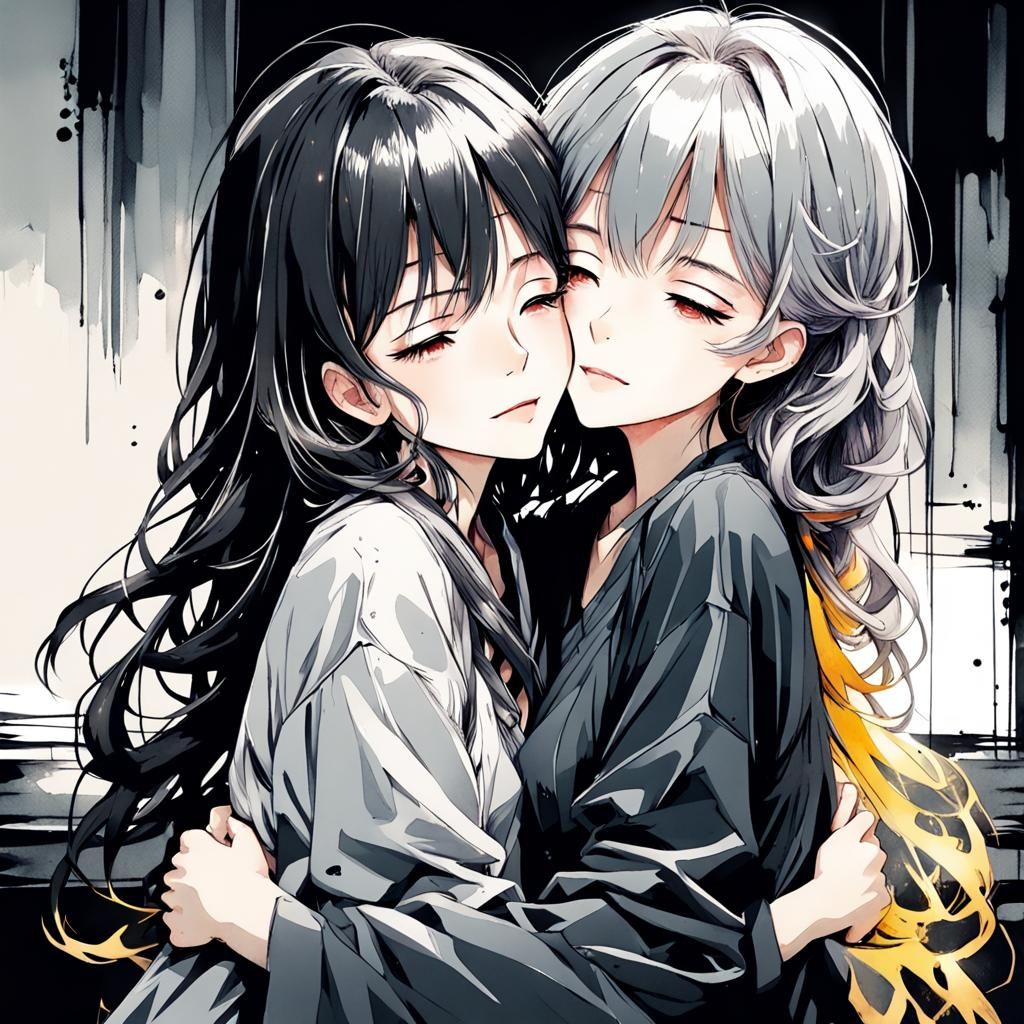 Happy Anime Girls Hugging in Ink and Watercolor