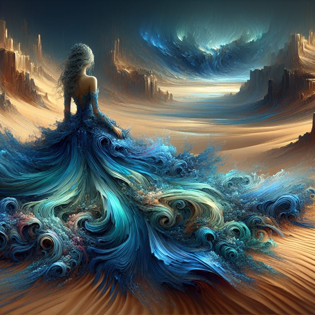 Sea Blue Dress Amidst Dune-like Fantasy Landscape