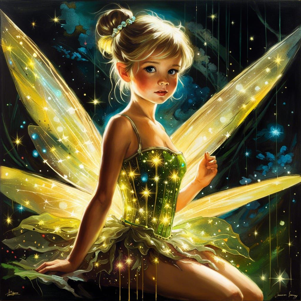 Radiant Tinkerbell in Bioluminescent Oil Painting