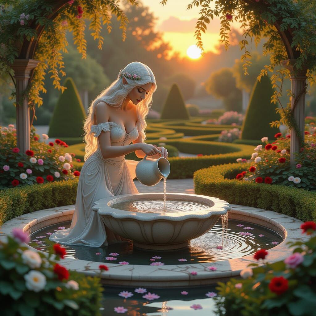 Ethereal Elven Fountain in a Fantasy Garden