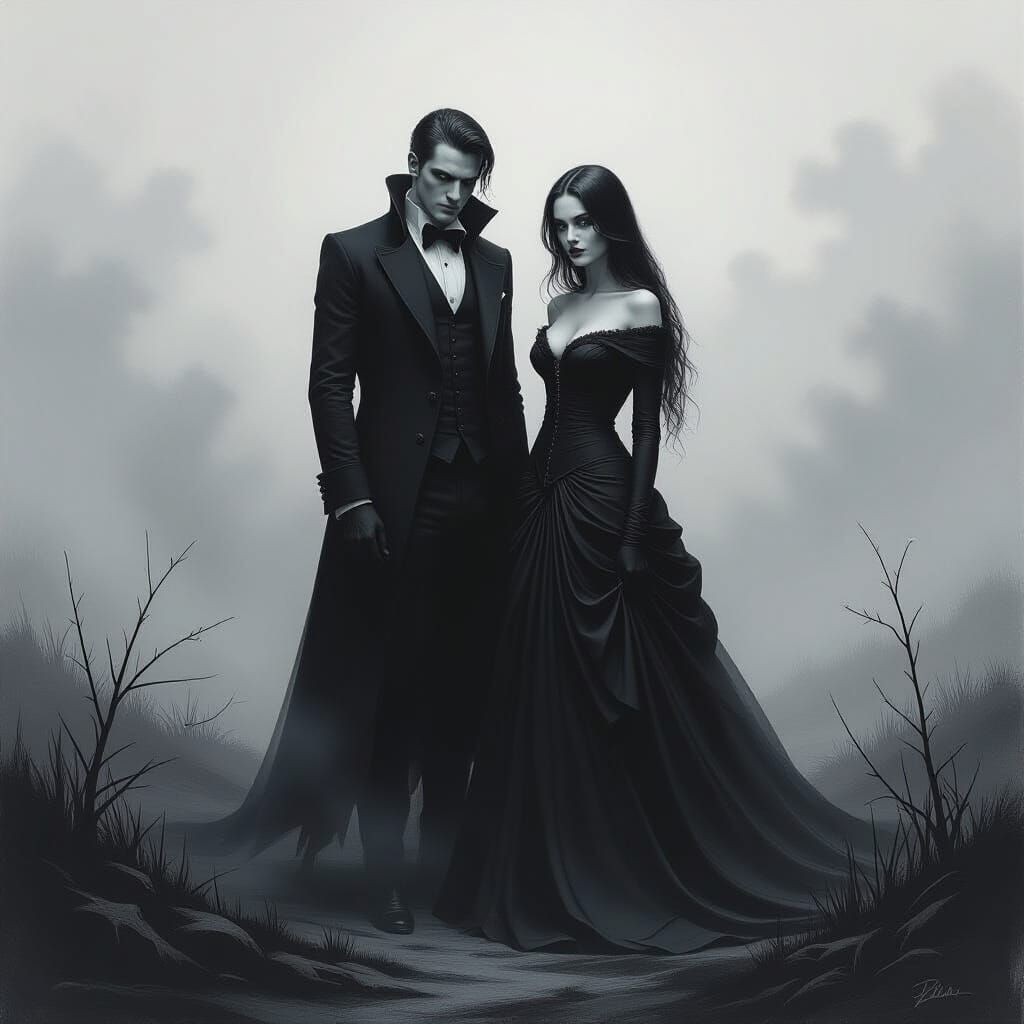 Goth Couple in Dramatic Charcoal Drawing Style