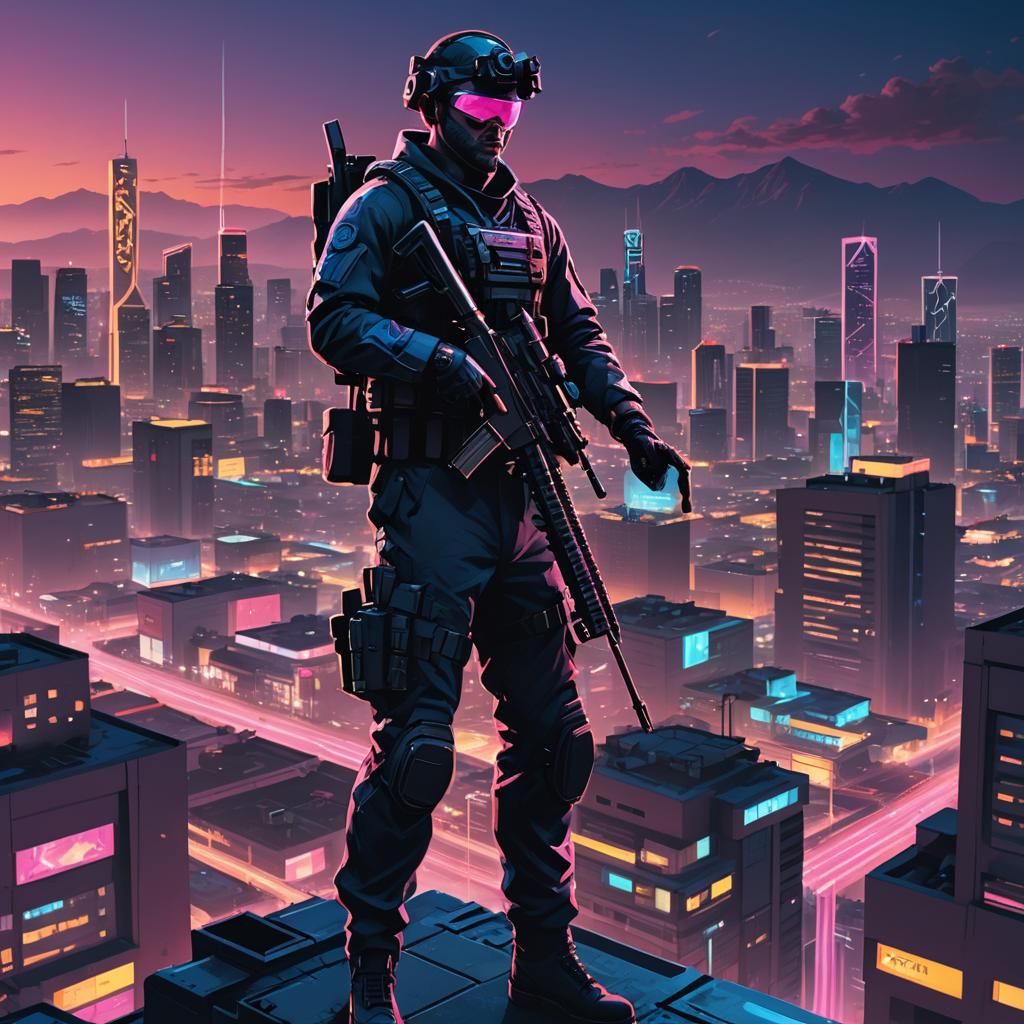 Neon Noir Operative Overlooking Los Santos Cityscape