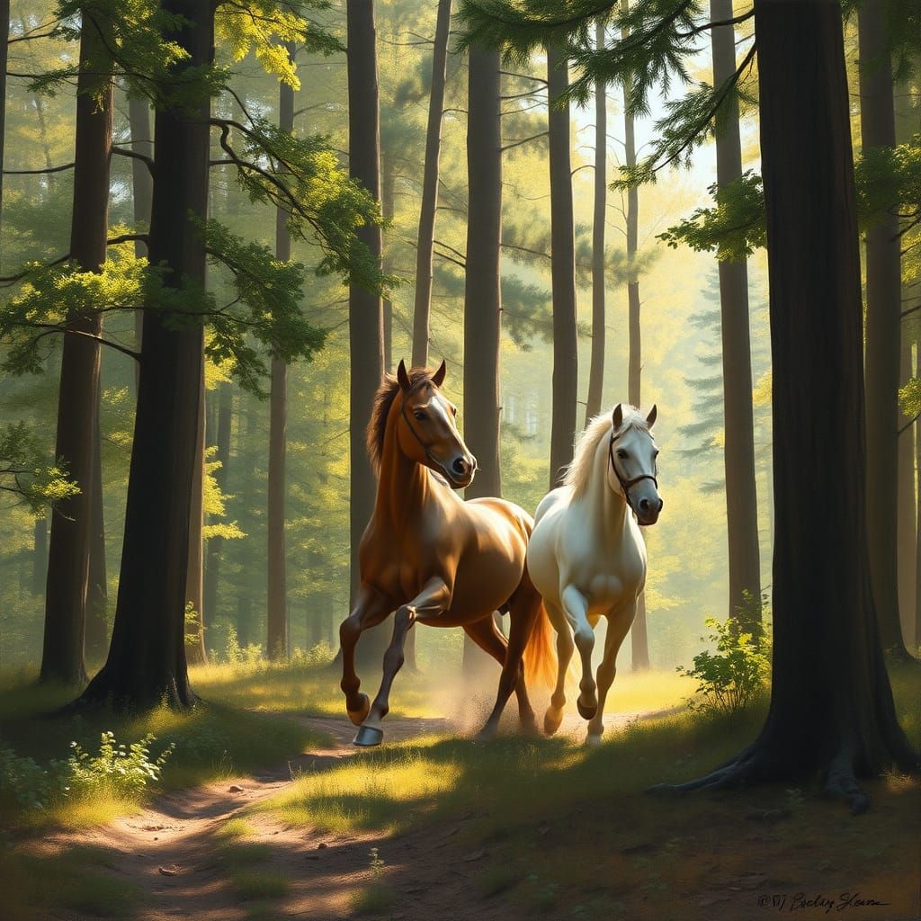 Horses Running Freely in Forest, Classical Realism