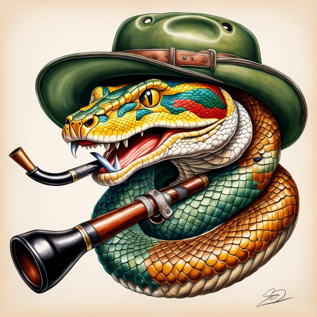 Brazilian Snake Smokes Pipe in WWII Helmet