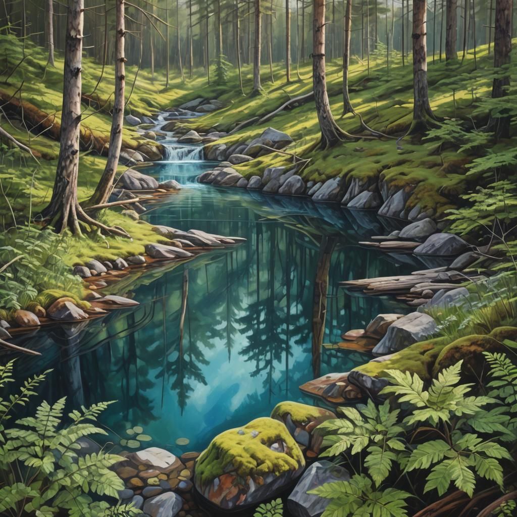 Crystal Pool in Northern Forest: Photorealistic Painting