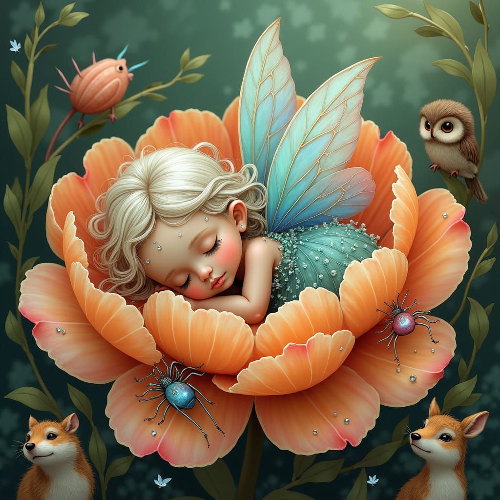 Sleeping Forest Fairy in Ethereal Folk Art Style