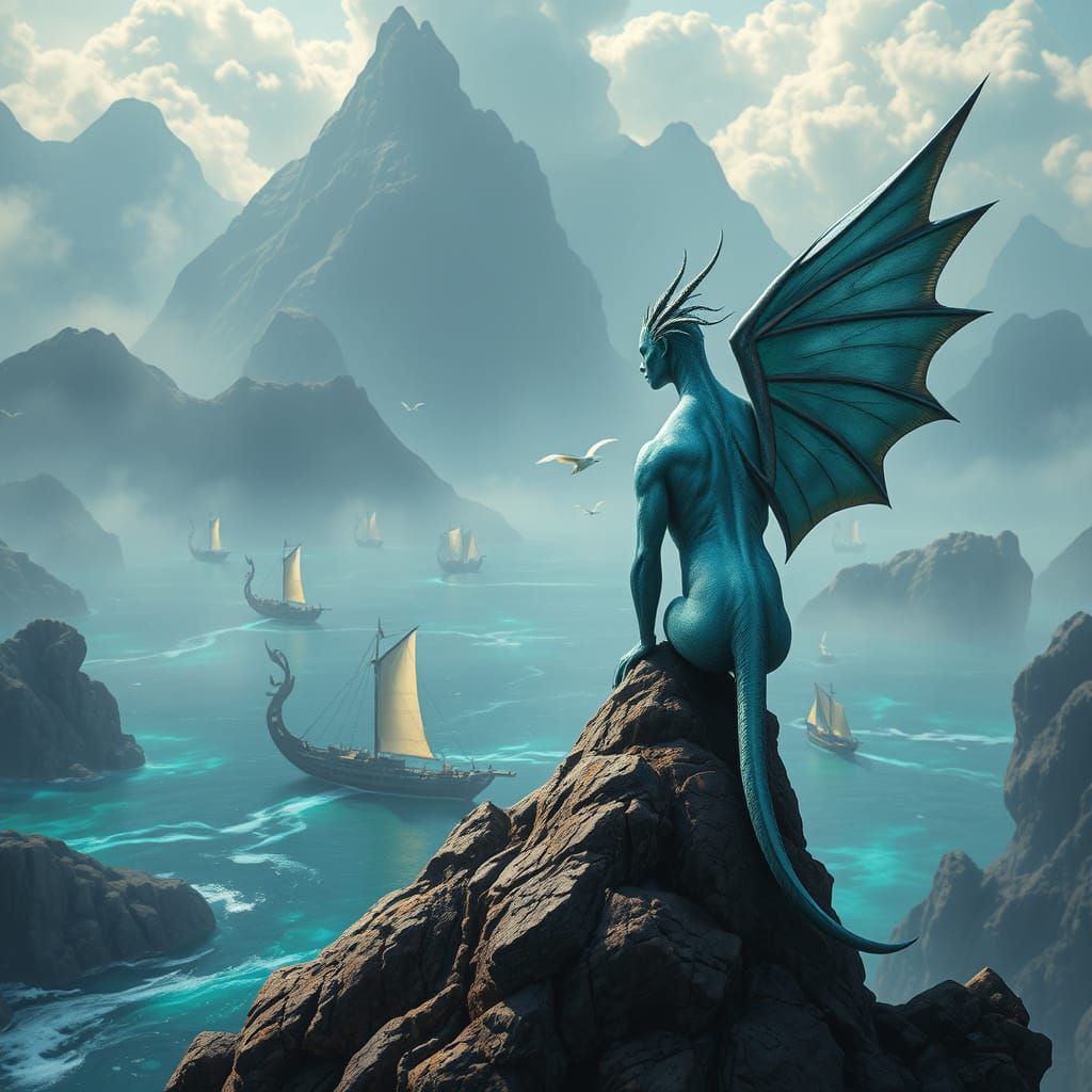 Majestic Fae Being Gazing Out at Mystical Ships