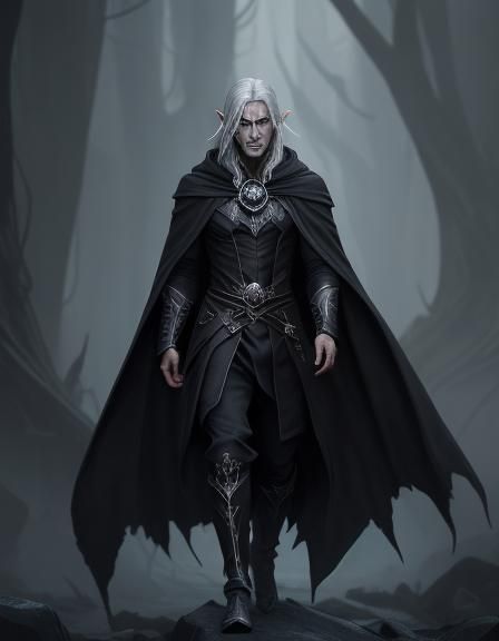 Half-Elf in Black Cloak with Silver Hair