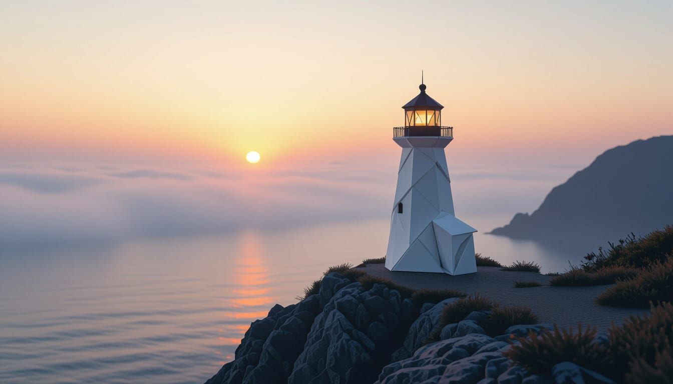 Origami Lighthouse at Foggy Sunset Papercraft