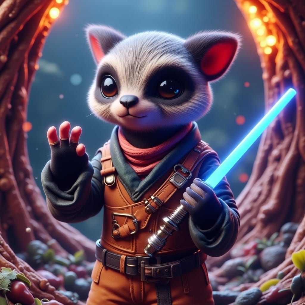 Whimsical Jedi Meerkat-Badger Hybrid in Fractal Landscape