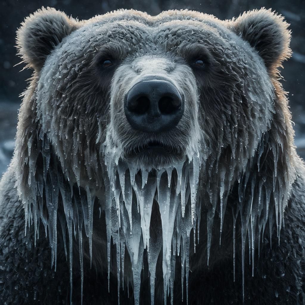 Icy Kodiak Bear Portrait Rising from Darkness