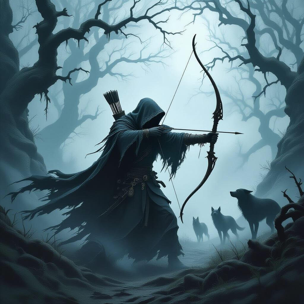 Spectral Huntsman in Mist-Shrouded Forest: Dark Fantasy