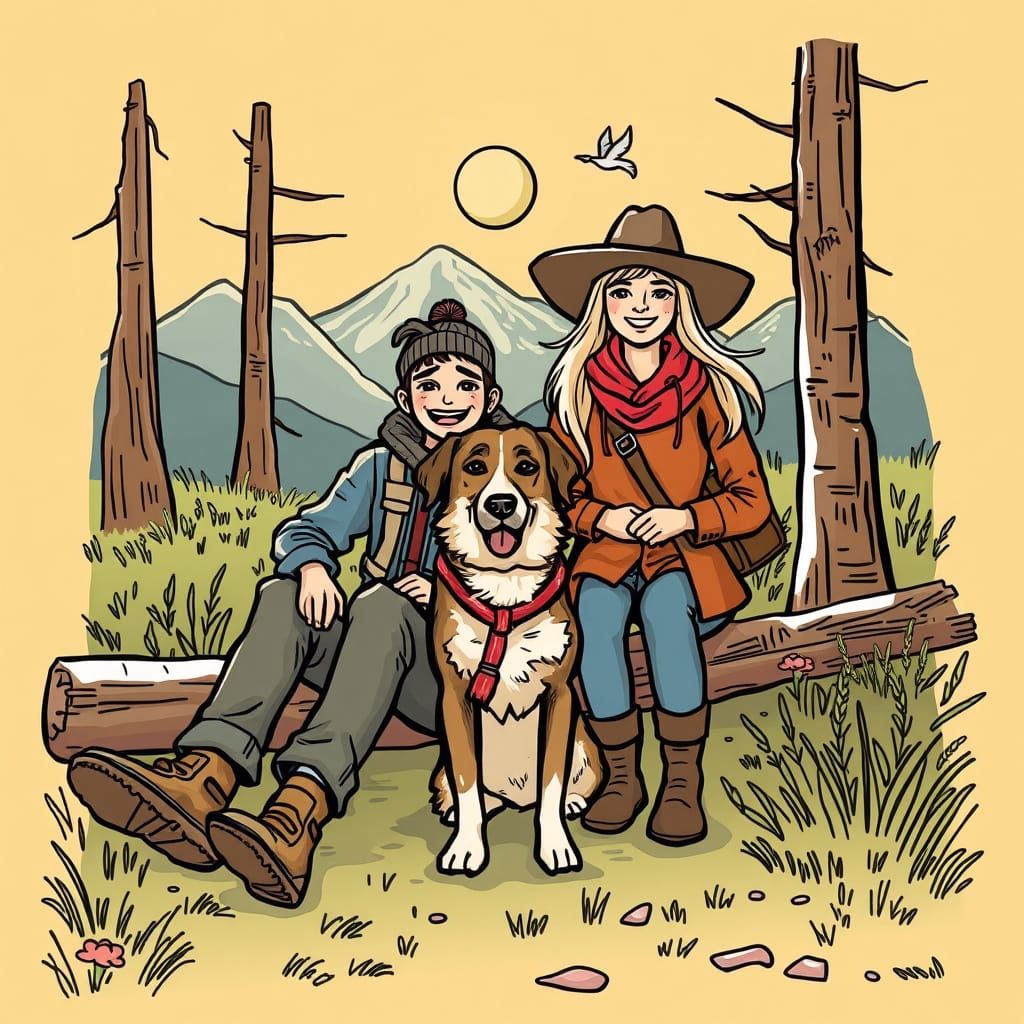 Free-Spirited Travelers Roaming the Countryside with Faithfu...