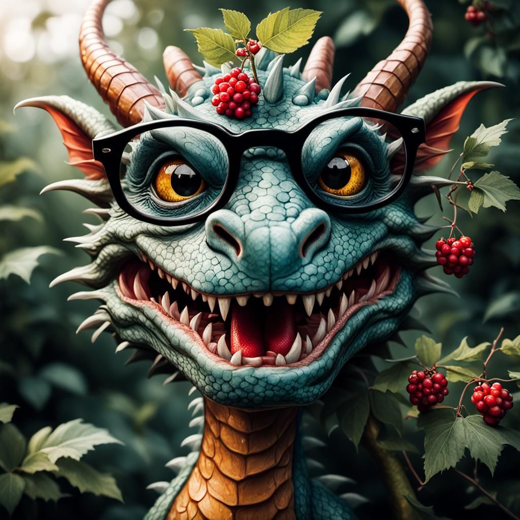 Whimsical Dragon Caricature Picking Berries Portrait