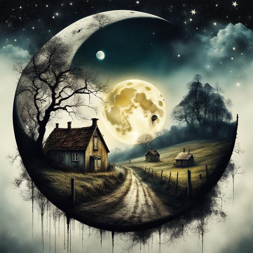 Surreal Haunted Village Moon Double Exposure