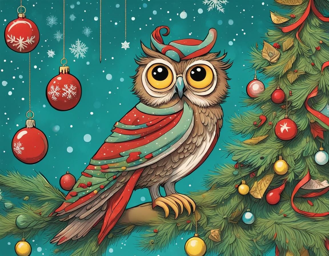 Festive Owl by Christmas Tree in French Comic Style