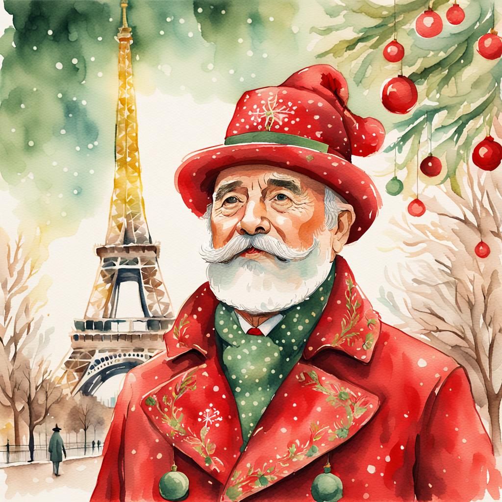 Père Noël in Paris: Whimsical Watercolor Portrait