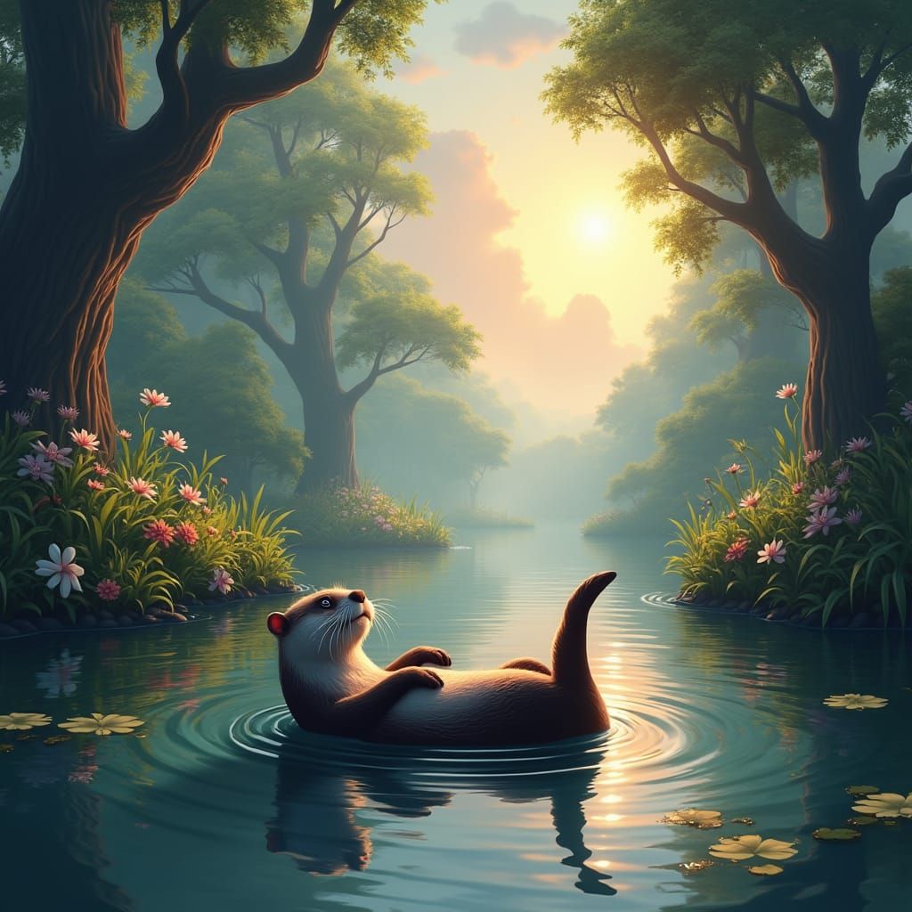 Otter's Serene River Journey: A Matte Painting
