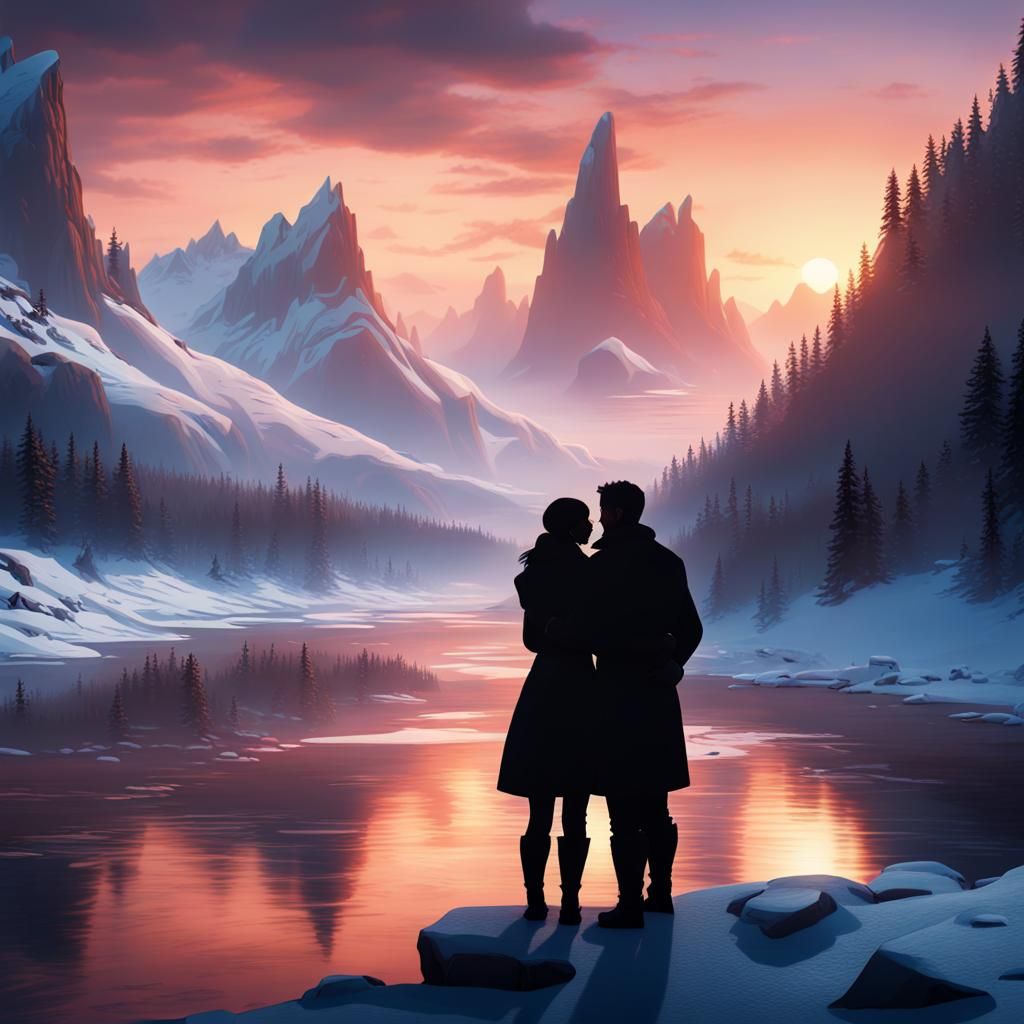 Sunset Silhouette: Winter Riverscape Matte Painting