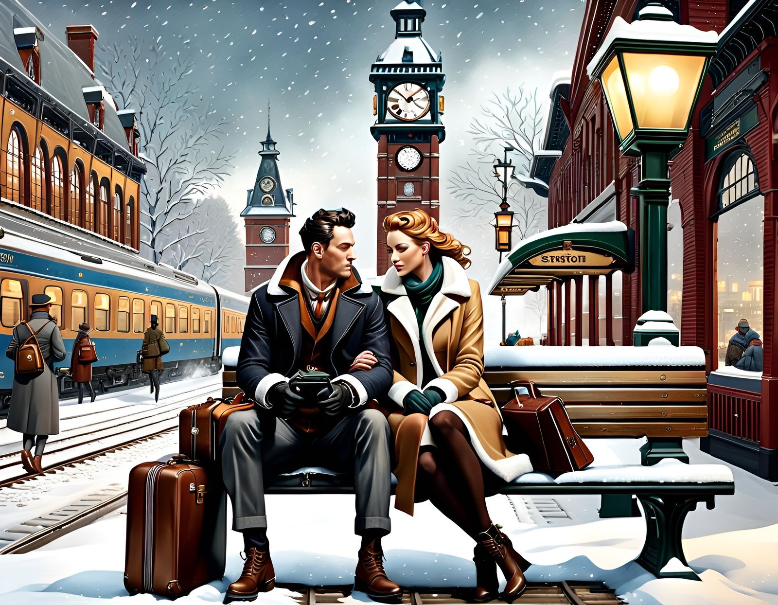 Couple Awaits Departure in Steampunk Snowfall