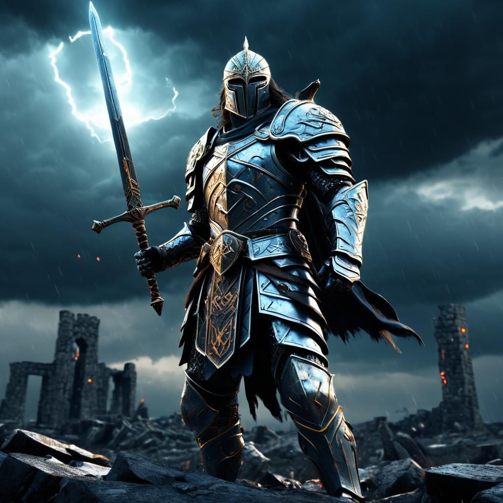 Aasimar Warrior in Apocalyptic Battle Scene