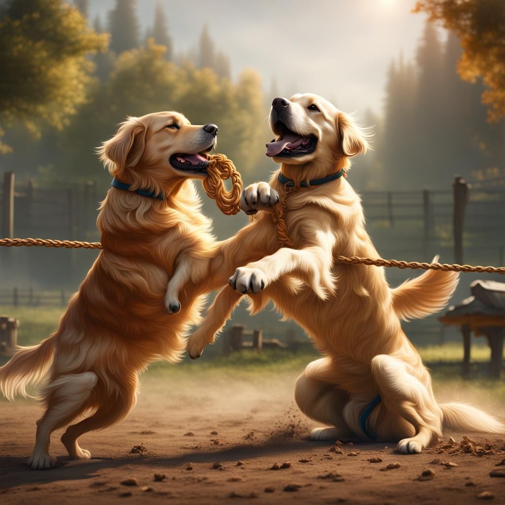Golden Retrievers Play Tug of War: Matte Painting