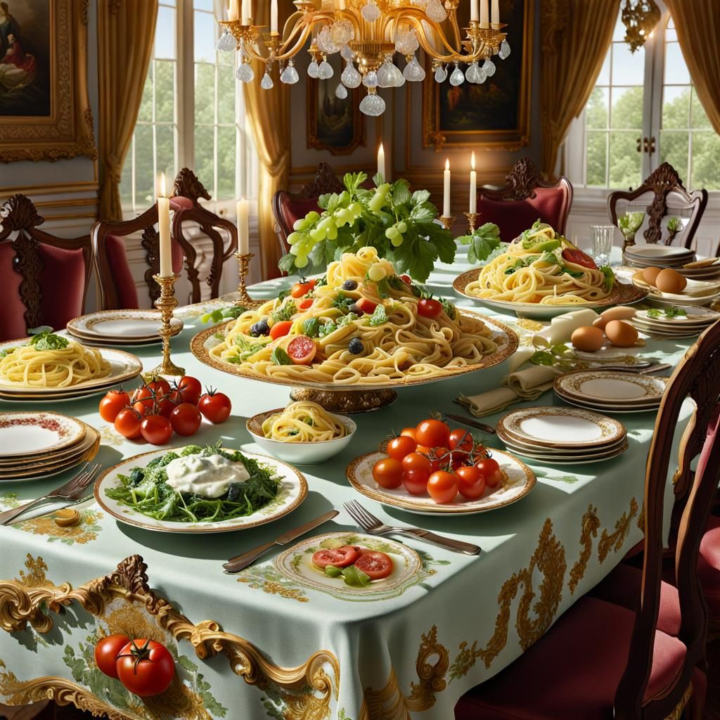 Photorealistic Pasta Art on Rococo Table