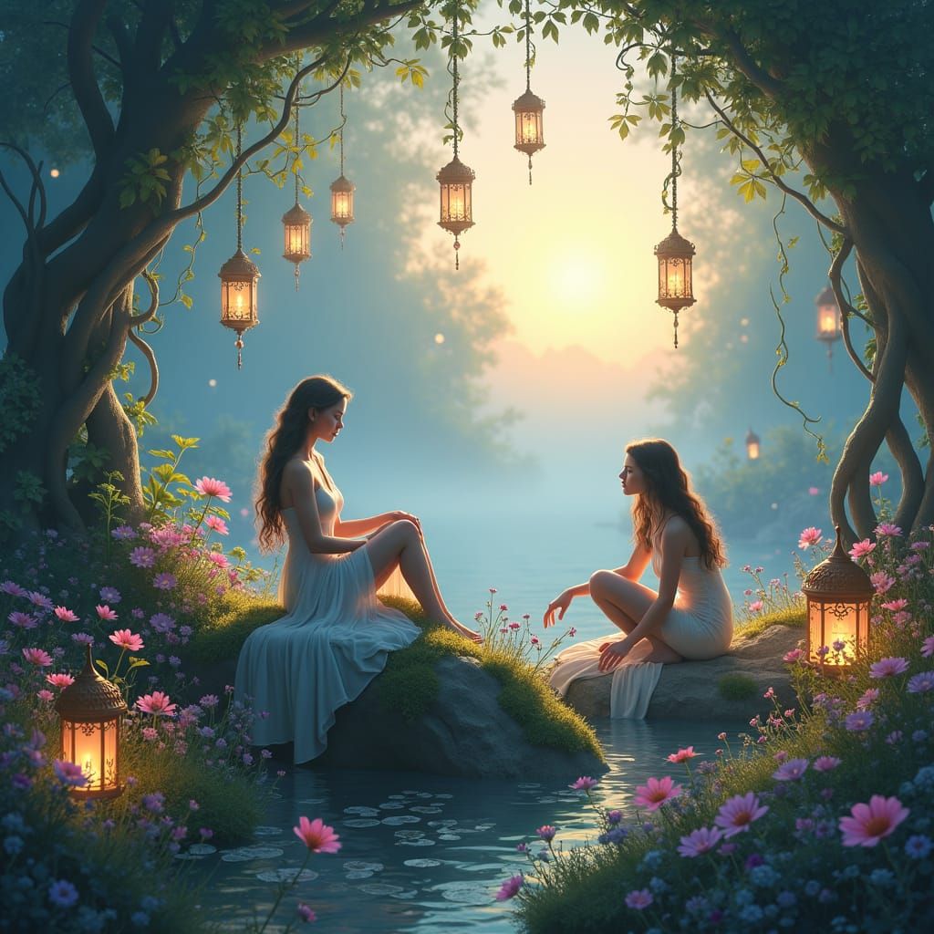 Ethereal Maidens in Mystical Garden: A Digital Painting
