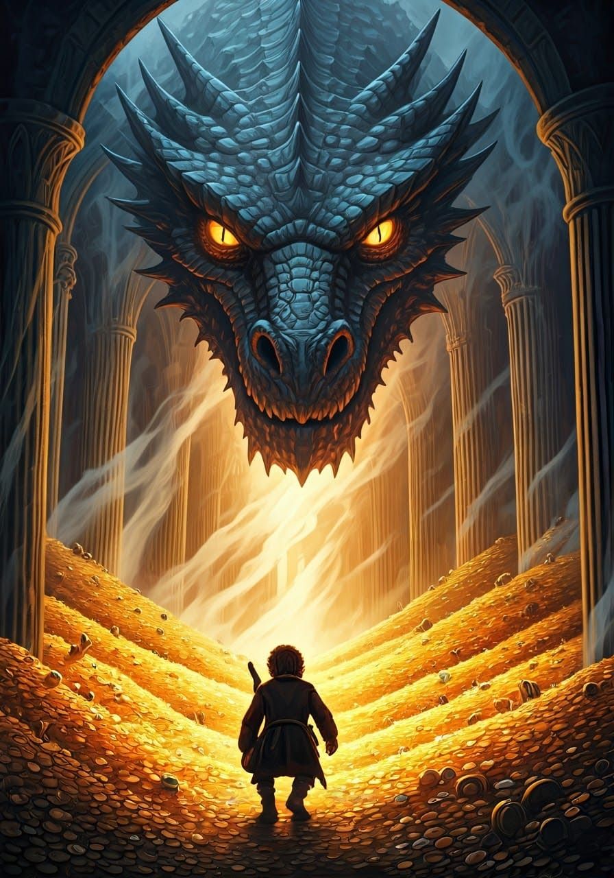 Smaug Overlooks Lonely Mountain: Watercolor Illustration