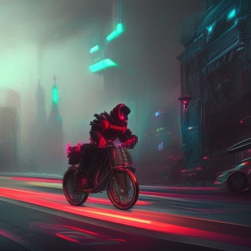 futuristic neon armored bicycle rider with riding through a ...
