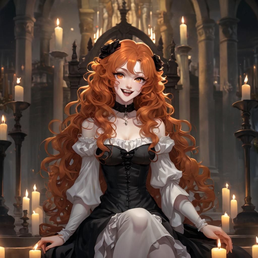 Anime Vampire with Fangs Before Altar