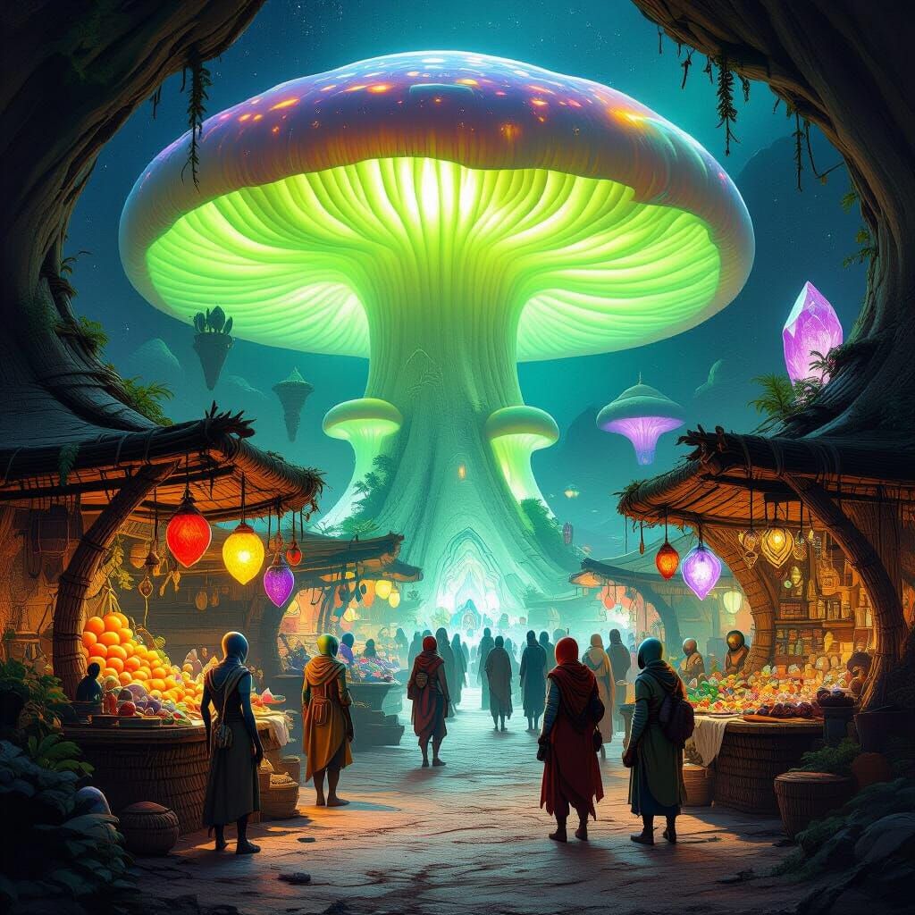 Bustling Alien Marketplace in Bioluminescent Mushroom