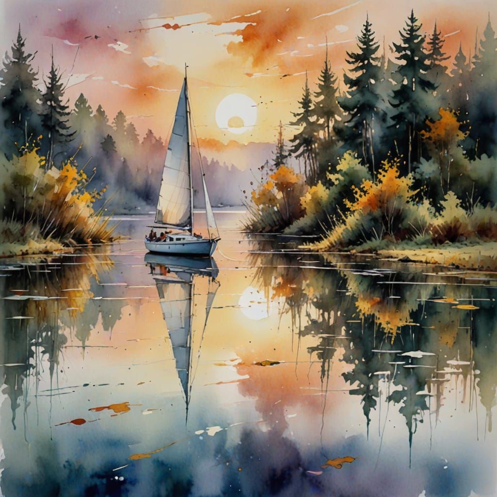 Impressionist Watercolor of a Sailboat on a Glassy Lake at S...