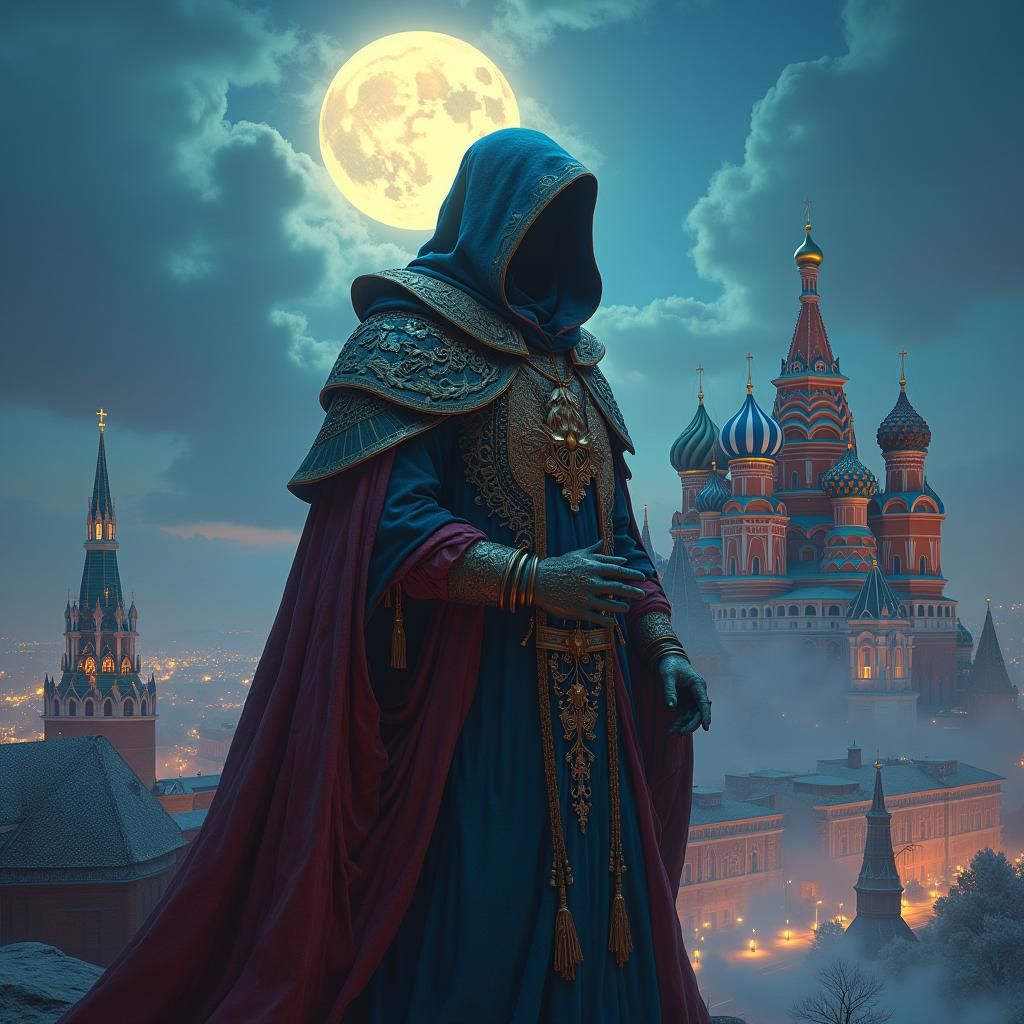 Divine Figure Watches Over Mystical Moscow Landscape